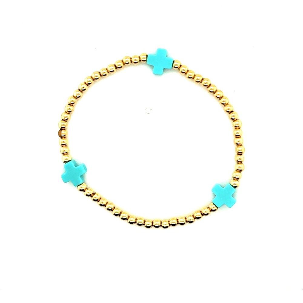 Enewton Gold Filled Beaded Bracelet Turquoise Cross Stretch Stackable 6 Inch
